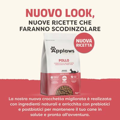 Applaws Pollo, nuova ricetta per cani. 85% di proteine animali, supporta la digestione e le articolazioni, componenti naturali, arricchito con prebiotici e postbiotici.