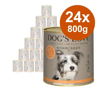 Confezione da 24 lattine da 800 g di DOG'S LOVE Senior/Light, immagine della confezione con cane e testo visibile: 'SENIOR/LIGHT', 'FEINE KOST FÜR FEINE HUNDE'. Confezione da 24 lattine da 800 g di DOG'S LOVE Senior/Light, immagine della confezione con cane e testo visibile: 'SENIOR/LIGHT', 'FEINE KOST FÜR FEINE HUNDE'.