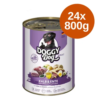 Doggy Dog Adult våtfoder, kalv och anka med potatis och palsternacka, spannmålsfritt, laxolja, grönläppad mussla. Förpackningsstorlek: 24x800g. Made in Germany.