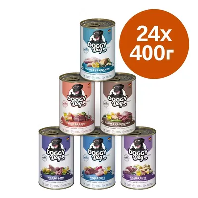 Консервирана храна за кучета Doggy Dog в различни вкусове, 24 броя по 400 г. Видими са етикети: Huhn & Kaninchen, Rind & Lachs, Lamm & Kaninchen, Wild & Lamm, Rind & Pute, Kalb & Ente.