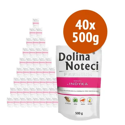 Dolina Noteci Premium bogata w indyka, confezione da 40 x 500 g. Immagine della busta con ingredienti illustrati e testo visibile sul fronte. Dolina Noteci Premium bogata w indyka, confezione da 40 x 500 g. Immagine della busta con ingredienti illustrati e testo visibile sul fronte.