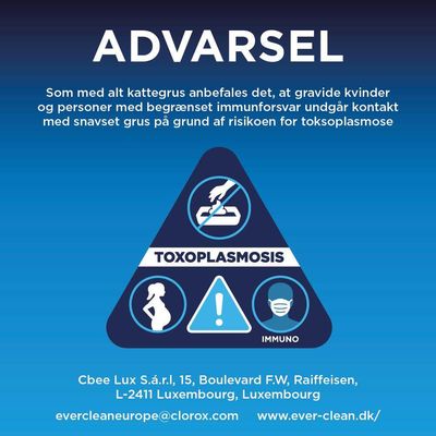 Advarselsmeddelelse: Gravide og personer med svækket immunsystem bør undgå kontakt med forurenet kattegrus på grund af risikoen for toxoplasmose. Producent- og kontaktoplysninger nedenfor.
