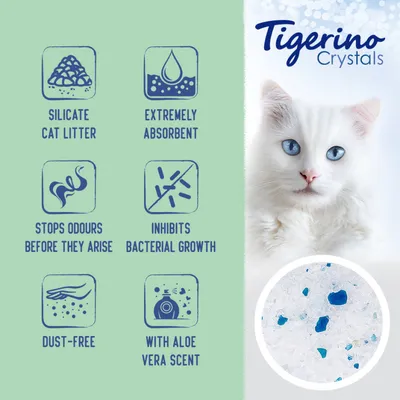 Tigerino Crystals silikatni pijesak za mačke, extremely absorbent, inhibits bacterial growth, stops odours before they arise, dust-free, with aloe vera scent. Tekst na engleskom.