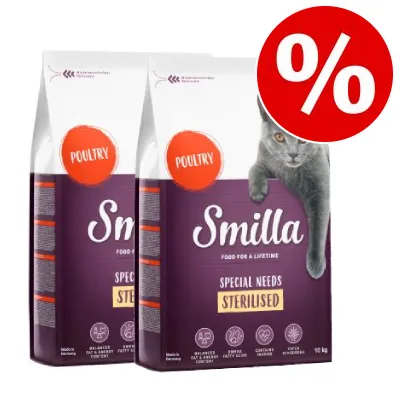 Två påsar Smilla Special Needs Sterilised torrfoder för katt, smak: poultry, 10 kg. Stor röd symbol med procenttecken visar rabatt eller erbjudande. Två påsar Smilla Special Needs Sterilised torrfoder för katt, smak: poultry, 10 kg. Stor röd symbol med procenttecken visar rabatt eller erbjudande.