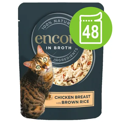 Confezione di Encore In Broth Chicken Breast with Brown Rice per gatti, 100% natural ingredients. Simbolo verde con bustina e numero 48 in alto a destra. Confezione di Encore In Broth Chicken Breast with Brown Rice per gatti, 100% natural ingredients. Simbolo verde con bustina e numero 48 in alto a destra.