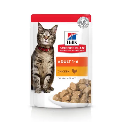 Hill's Science Plan Adult 1-6 Chicken Chunks & Gravy, sobre con imagen de gato, trozos de comida en salsa y sello 'No artificial preservatives, flavours or colours'.