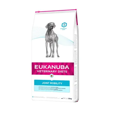 Eukanuba Veterinary Diets Joint Mobility, 12 kg Beutel mit Hundebild und blauer Kennzeichnung für Gelenkbeweglichkeit.
