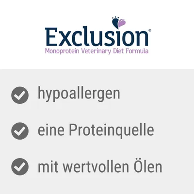 Exclusion Monoprotein Veterinary Diet Formula: hypoallergen, eine Proteinquelle, mit wertvollen Ölen.