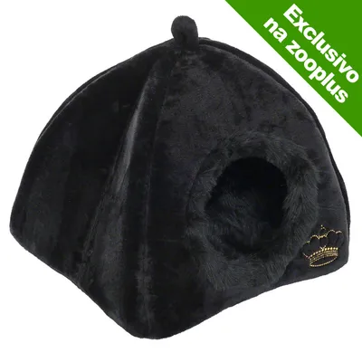 Cama preta em forma de tenda com entrada circular e coroa dourada bordada. Texto visível: Exclusivo na zooplus.