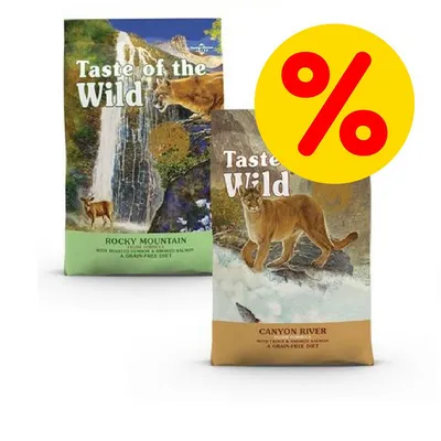 Due confezioni di crocchette Taste of the Wild, varietà Rocky Mountain e Canyon River, con simbolo percentuale giallo che indica offerta o sconto visibile sull'immagine.