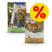 Due confezioni di crocchette Taste of the Wild, varietà Rocky Mountain e Canyon River, con simbolo percentuale giallo che indica offerta o sconto visibile sull'immagine.