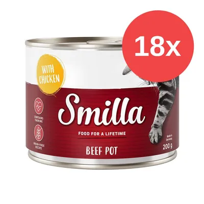 Confezione da 18x200g Smilla Beef Pot, con scritte 'WITH CHICKEN', 'CONTAINS TAURINE', 'GRAIN-FREE RECIPE', immagine di un gatto e testo 'FOOD FOR A LIFETIME'.