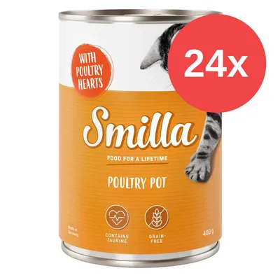 Confezione da 24x400g Smilla Poultry Pot, con cuori di pollame, contiene taurina, senza cereali. Testo visibile: 'FOOD FOR A LIFETIME', 'CONTAINS TAURINE', 'GRAIN-FREE'.