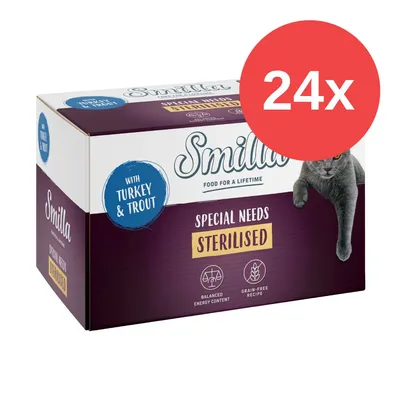 Confezione Smilla Special Needs Sterilised con tacchino e trota, ricetta senza cereali, contenuto energetico bilanciato. Quantità visibile: 24x.