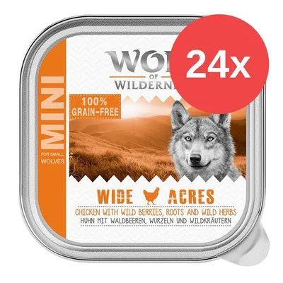 Wolves of Wilderness MINI 100% grain-free Wide Acres pollo con frutti di bosco, radici ed erbe selvatiche, confezione da 24x. Testo anche in inglese e tedesco.