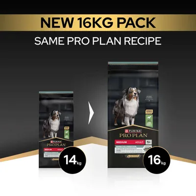 Purina Pro Plan Medium Adult Sensitive Digestion nu i den nye 16, kg pakke, tidligere 14, kg. Samme opskrift.