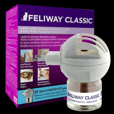 FELIWAY CLASSIC diffusore e ricarica, confezione con testo: benessere costante in casa, aiuta a controllare graffiature, marcature urinarie, paure, cambiamenti. Starter kit 30 giorni.