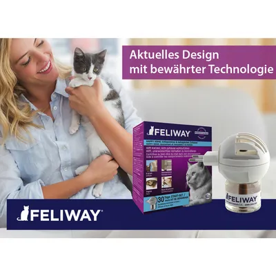 Feliway продуктово изображение: актуален дизайн с доказана технология. Happy Home стартов комплект за котки, 30 дни действие. Помага на котките да се чувстват добре у дома.