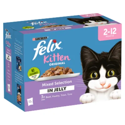Felix Kitten Original Mixed Selection in Jelly, 12 pouches with beef, poultry, trout and tuna, suitable for 2-12 months, no colourants added. Felix Kitten Original Mixed Selection in Jelly, 12 pouches with beef, poultry, trout and tuna, suitable for 2-12 months, no colourants added.