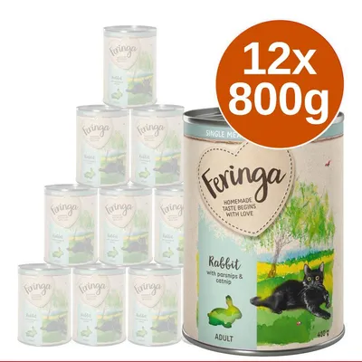 Zestaw 12 puszek Feringa Rabbit with parsnips & catnip, każda 800 g. Na etykiecie widoczny czarny kot i napis: SINGLE MEAT MENU, HOMEMADE TASTE BEGINS WITH LOVE, ADULT. Zestaw 12 puszek Feringa Rabbit with parsnips & catnip, każda 800 g. Na etykiecie widoczny czarny kot i napis: SINGLE MEAT MENU, HOMEMADE TASTE BEGINS WITH LOVE, ADULT.