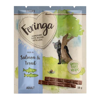 Feringa Sticks kissoille, runsaasti lohta ja taimenta, viljaton resepti, 18g. Pakkauksessa musta kissa ja puu.