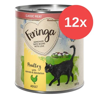Feringa Classic Meat, Poultry with carrots & dandelion, ADULT, 800 g. Confezione da 12x. Testo in inglese sull'etichetta: Homemade taste begins with love.
