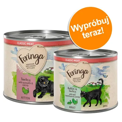 Dwie puszki Feringa Classic Meat: Turkey with pumpkin & catnip KITTEN oraz Rabbit & Turkey with sea buckthorn & catnip ADULT 200 g. Pomarańczowe koło z napisem Wypróbuj teraz!