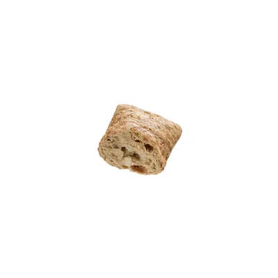 Närbild av en enskild bit torrfoder med brunaktig textur och porös yta.
