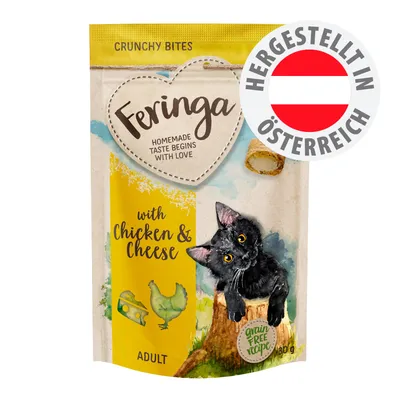 Feringa Crunchy Bites with Chicken & Cheese, grain free recipe, Adult, hergestellt in Österreich, 30g. Abbildung einer schwarzen Katze und Symbolen für Huhn und Käse.