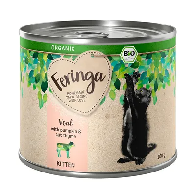 Feringa Bio-kattefoder til killinger, variant kalv med græskar og kattemynte, 200g dåse. Tekst: 'Homemade taste begins with love'. Bio-mærke synligt.