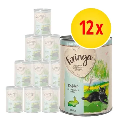 Feringa Rabbit with parsnip & catnip ADULT 400 g, 12-pack burkar kattmat. Stor gul cirkel med röd text: 12x.