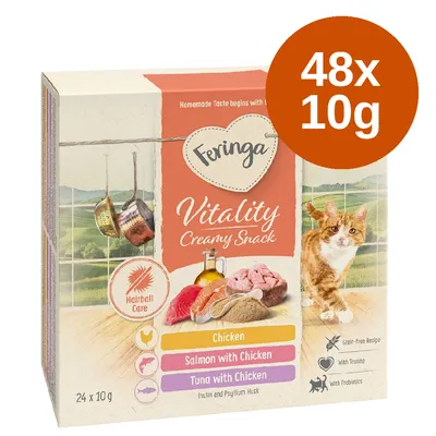 Feringa Vitality Creamy Snack, 48x10g. Varianter: kylling, laks med kylling, tun med kylling. Kornfri opskrift med taurin, inulin og loppefrøskaller til hårbollepleje.