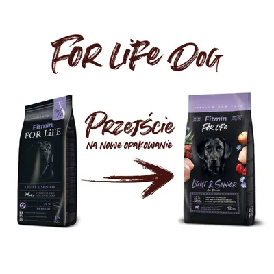 Fitmin For Life Light & Senior – zmiana opakowania karmy dla psów. Po lewej stare, po prawej nowe opakowanie z widocznymi nazwami i grafiką składników.