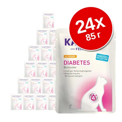 Kattovit Diabetes с курицей, 24×85 г. Видны надписи: Blutucker, niedriger Kohlenhydratgehalt, Regulierung des Blutzuckerspiegels, улучшенная рецептура.
