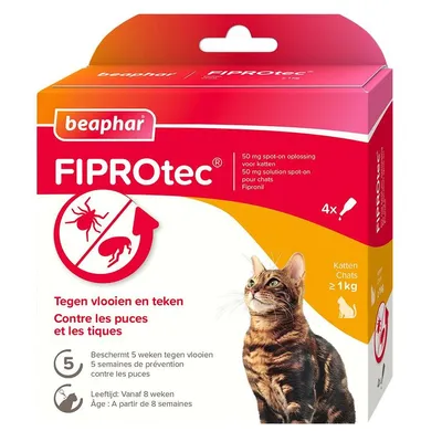 beaphar FIPROtec 50 mg spot-on oplossing voor katten, tegen vlooien en teken, 4 pipetten, vanaf 8 weken, katten ≥1 kg, beschermt 5 weken tegen vlooien. Werkzame stof: fipronil.