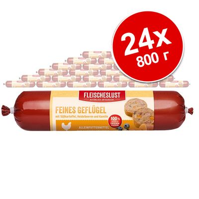 Fleischeslust Feines Geflügel, 24×800 г. Видна упаковка с надписями на немецком: mit Süßkartoffel, Heidelbeeren und Kamille, 100 % frisch Fleisch.