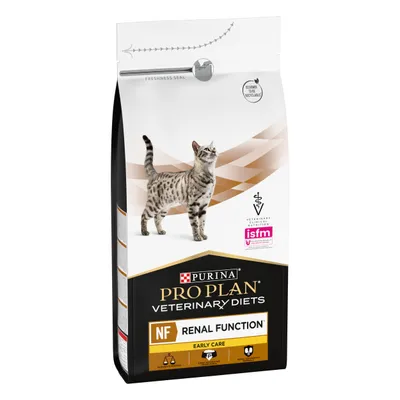 Bag labelled Pro Plan Veterinary Diets NF Renal Function Early Care, with icons for moderate protein, phosphorus control and high palatability. Designed to be recyclable. ISFM certified.