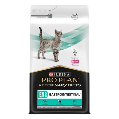 Purina Pro Plan Veterinary Diets Gastrointestinal food with low residue, low antigen and prebiotic features shown on packaging.