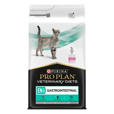 Purina Pro Plan Veterinary Diets Gastrointestinal food with low residue, low antigen and prebiotic features shown on packaging.
