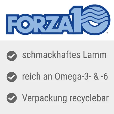 Forza10. Schmackhaftes Lamm, reich an Omega-3- und -6-Fettsäuren, Verpackung recyclebar.