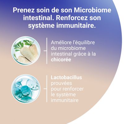 Prenez soin de son Microbiome intestinal. Renforcez son système immunitaire. Chicorée pour l’équilibre intestinal, Lactobacillus prouvées pour renforcer le système immunitaire.