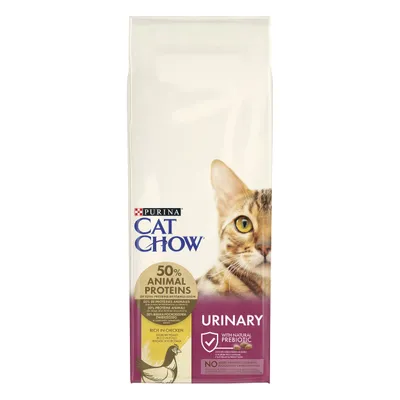 Purina Cat Chow Urinary, 50% proteine animali, ricco in pollo, con prebiotico naturale. Testo visibile: NO additivi artificiali. Immagine di un gatto e disegno di pollo.