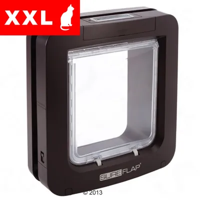 Porta per animali SureFlap con scritta XXL e sagoma di gatto, cornice nera e sportello trasparente visibili.