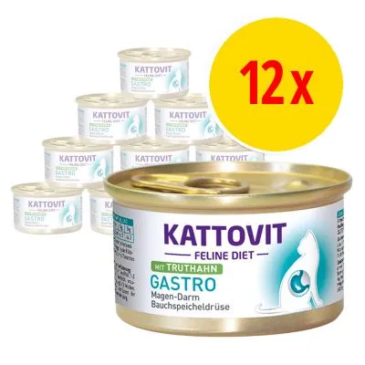 Kattovit Feline Diet Gastro med kalkon, 12 burkar. Text på burk: Magen-Darm Bauchspeicheldrüse. Bild på katt och medicinsymbol.