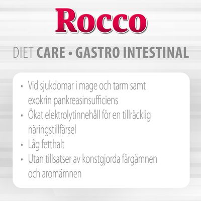 Rocco DIET CARE GASTRO INTESTINAL: Vid sjukdomar i mage och tarm, ökat elektrolytinnehåll, låg fetthalt, utan tillsatser av konstgjorda färgämnen och aromämnen.