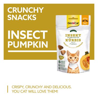 GimCat Crunchy Snack Insekt tökkel, magas fehérjetartalommal, gabonamentes, hozzáadott cukor nélkül, mesterséges színezékek nélkül. Ropogós és ízletes.