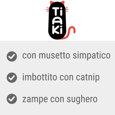 Tiaki. con musetto simpatico, imbottito con catnip, zampe con sughero