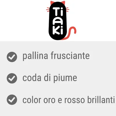 Tiaki, pallina frusciante, coda di piume, color oro e rosso brillanti