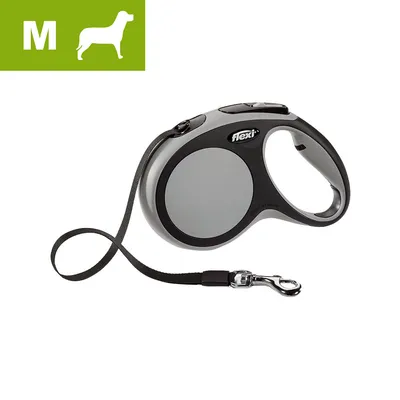 Guinzaglio avvolgibile Flexi, taglia M visibile in alto a sinistra, con manico ergonomico e moschettone in metallo.