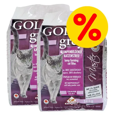 Golden Grey Master paakkuuntuva kissanhiekka, 2 x 14 kg pakkaukset, näkyvissä tarjousmerkki (%) ja tekstit: approx. 380% absorbency, with baby powder scent, with 3% silikat.